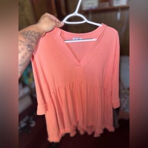 Flowy Coral V-Neck Blouse - Women